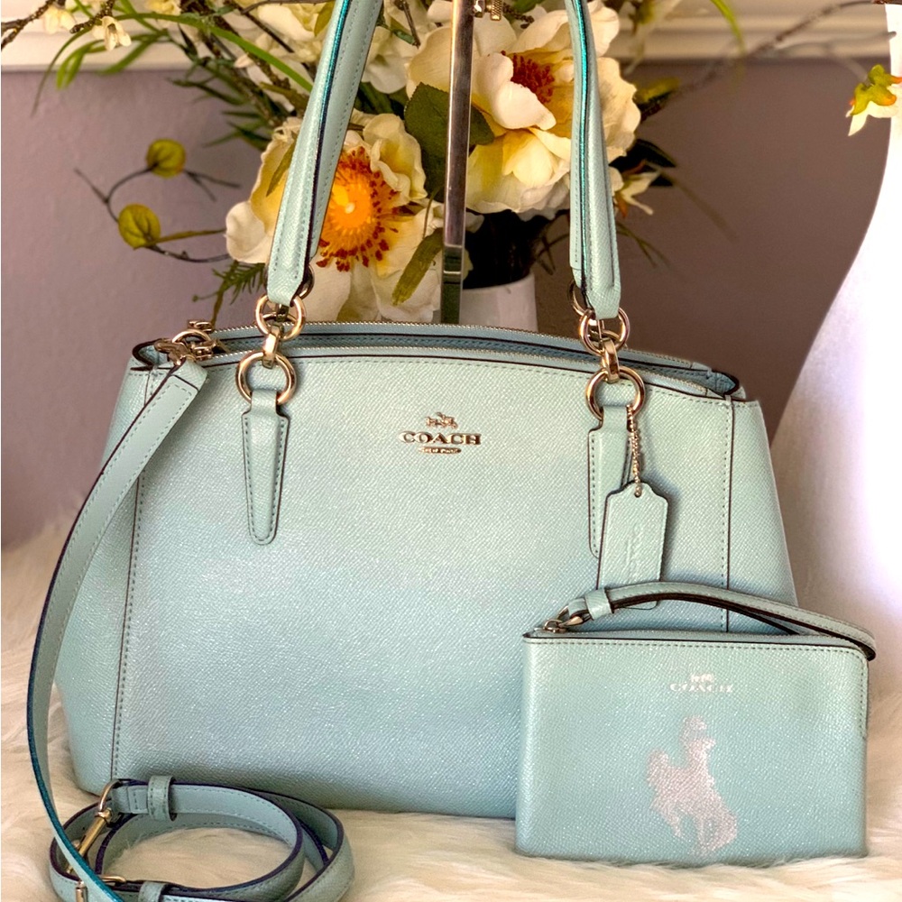 Coach Christie Carryall Shimmery Light Blue Satchel /Crossbody Bag& Wristlet Set